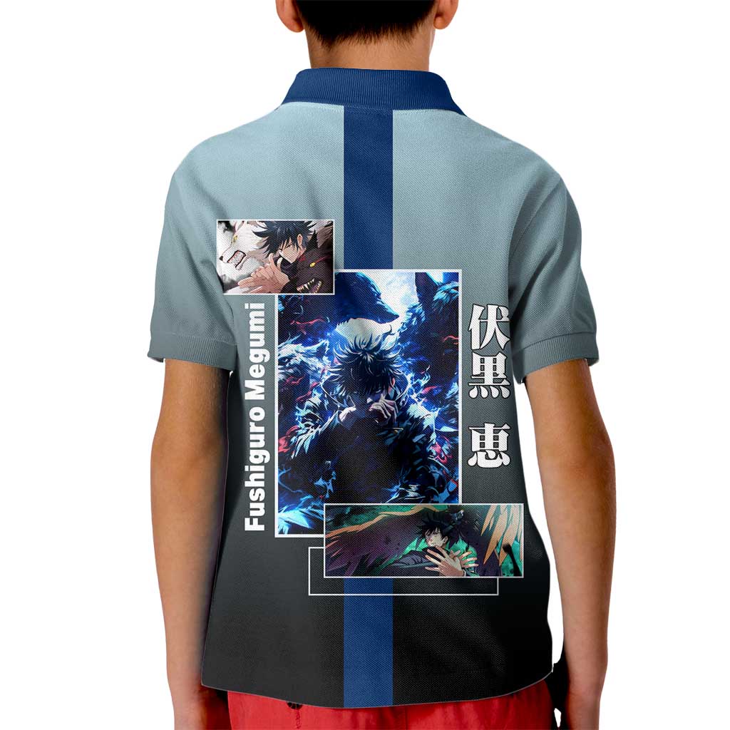 Megumi Fushiguro from Jujutsu Kaisen Kid Polo Shirt with Dark Blue and Black Background and Multiple Poses Design - The Mazicc