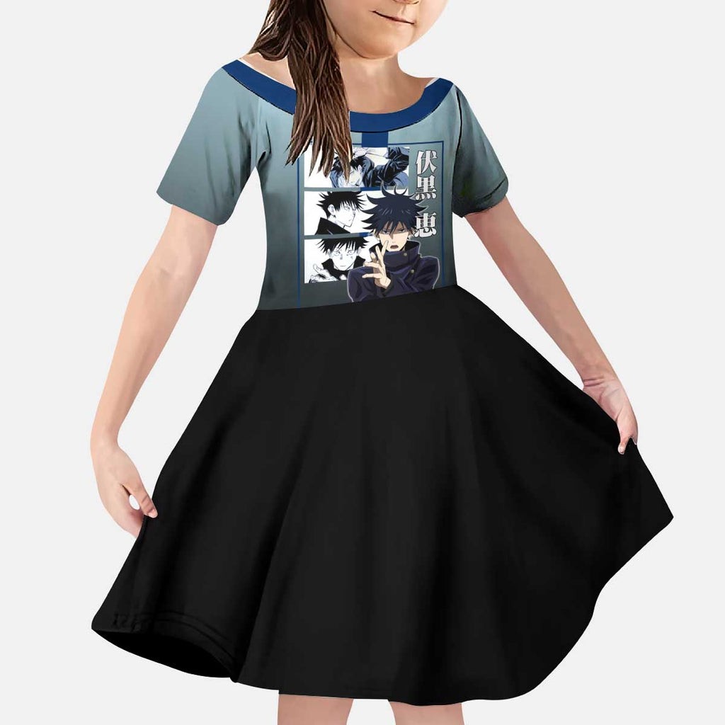 Megumi Fushiguro from Jujutsu Kaisen Kid Short Sleeve Dress with Dark Blue and Black Background and Multiple Poses Design - The Mazicc