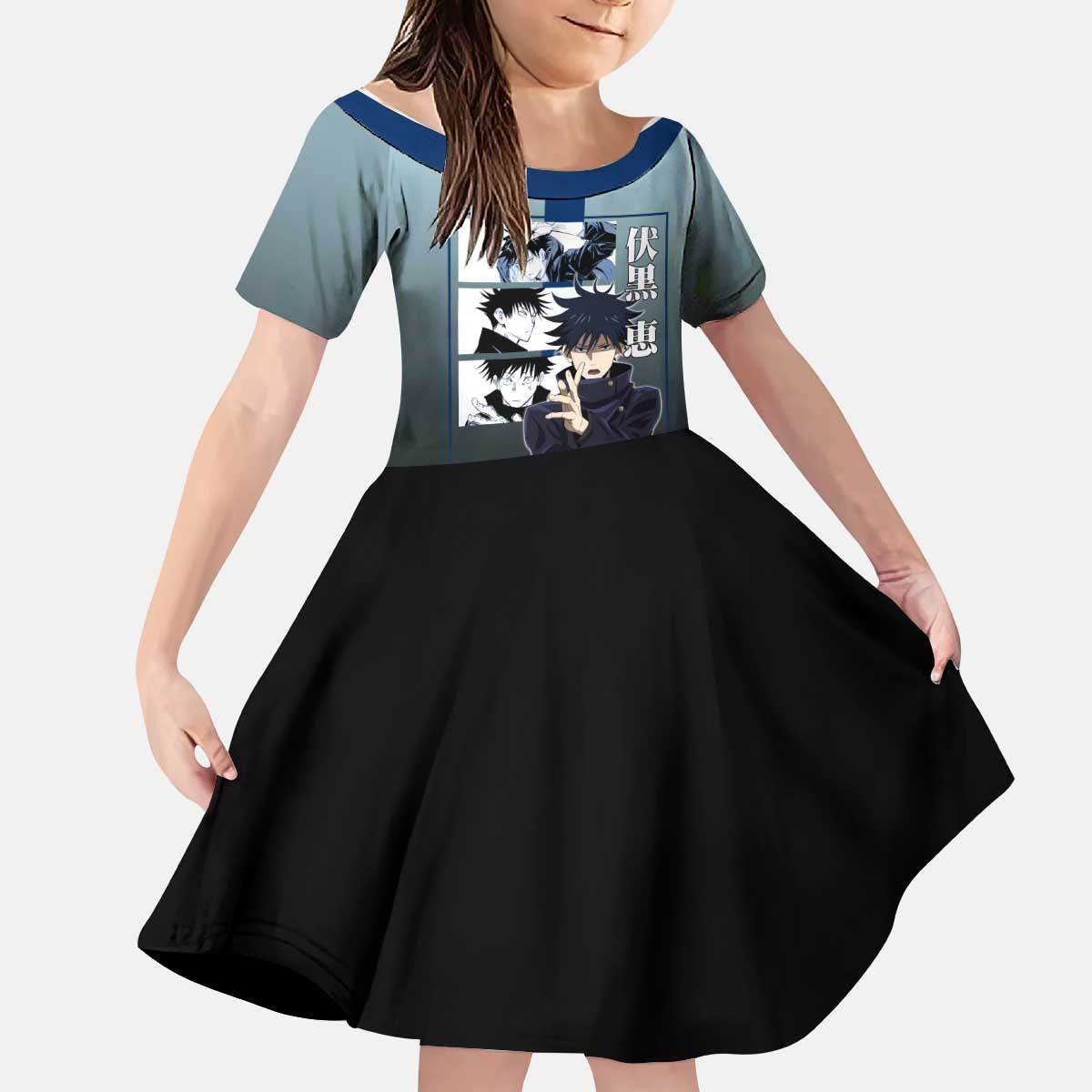Megumi Fushiguro from Jujutsu Kaisen Kid Short Sleeve Dress with Dark Blue and Black Background and Multiple Poses Design - The Mazicc