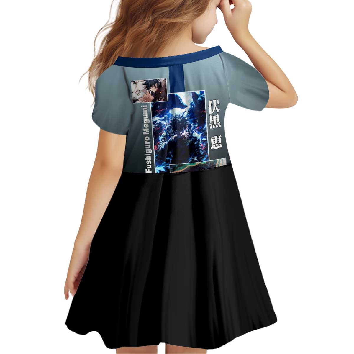 Megumi Fushiguro from Jujutsu Kaisen Kid Short Sleeve Dress with Dark Blue and Black Background and Multiple Poses Design - The Mazicc