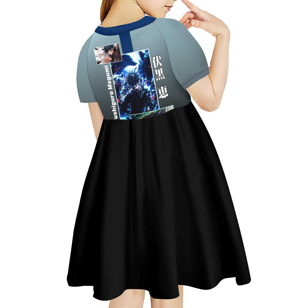 Megumi Fushiguro from Jujutsu Kaisen Kid Short Sleeve Dress with Dark Blue and Black Background and Multiple Poses Design - The Mazicc