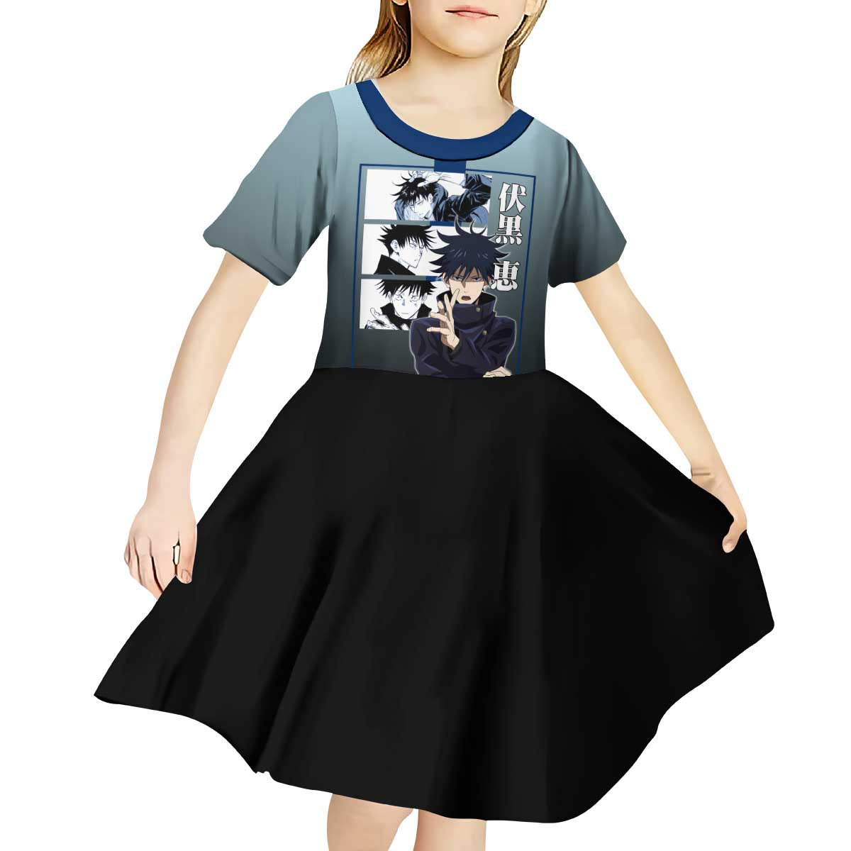 Megumi Fushiguro from Jujutsu Kaisen Kid Short Sleeve Dress with Dark Blue and Black Background and Multiple Poses Design - The Mazicc