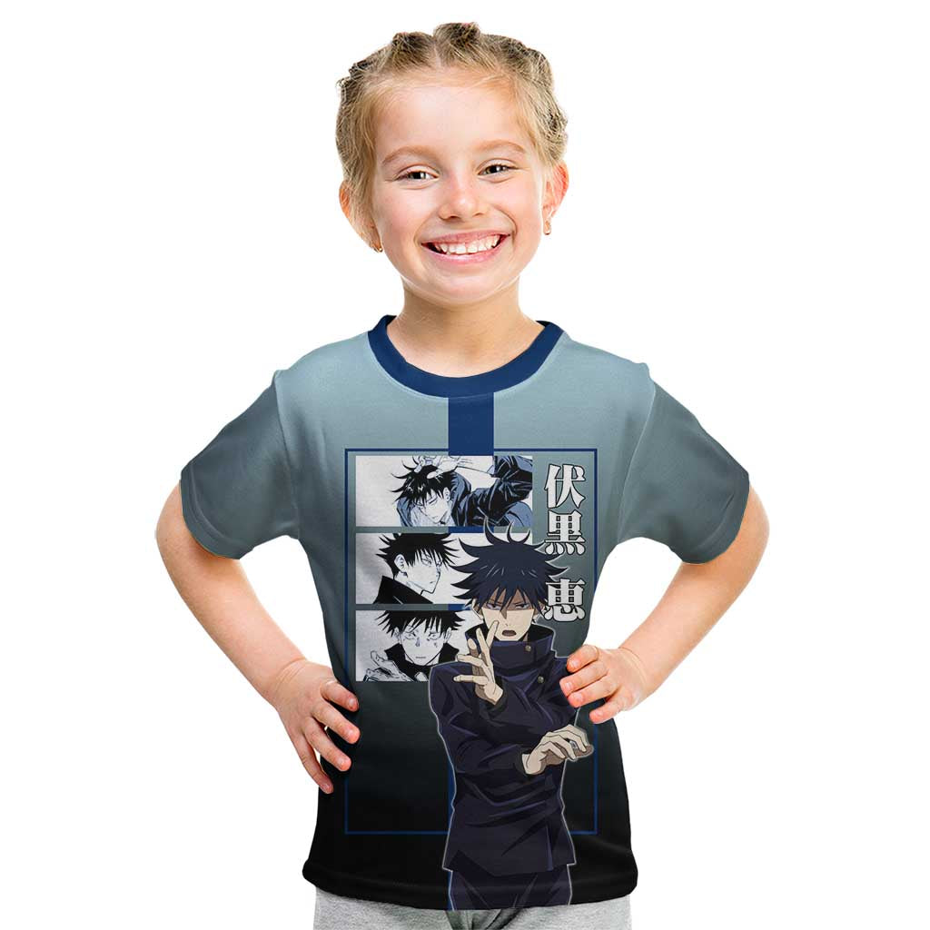Megumi Fushiguro from Jujutsu Kaisen Kid T Shirt with Dark Blue and Black Background and Multiple Poses Design - The Mazicc