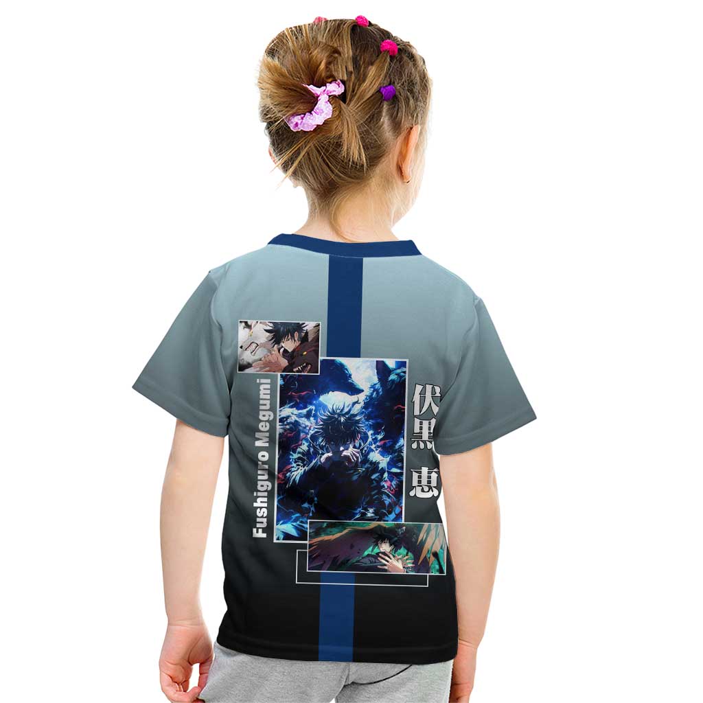 Megumi Fushiguro from Jujutsu Kaisen Kid T Shirt with Dark Blue and Black Background and Multiple Poses Design - The Mazicc
