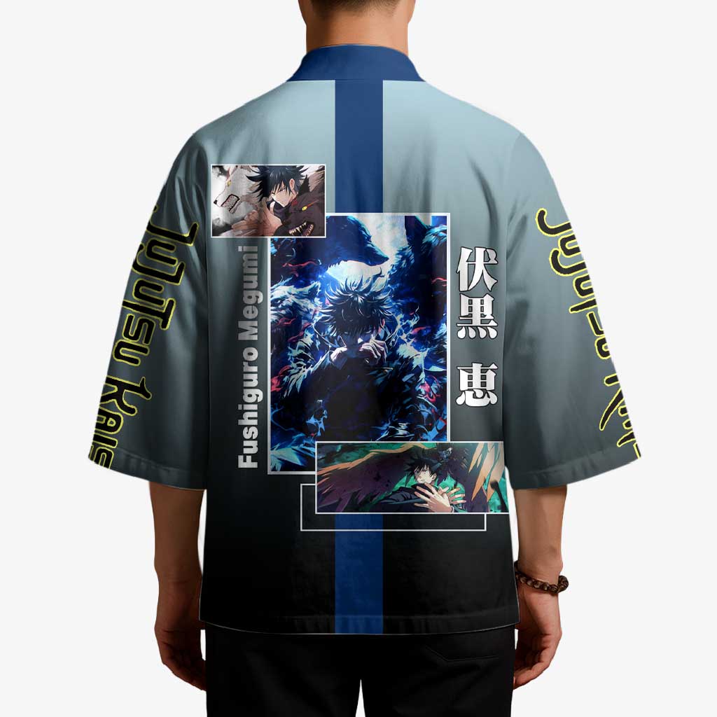 Megumi Fushiguro from Jujutsu Kaisen Kimono with Dark Blue and Black Background and Multiple Poses Design - The Mazicc