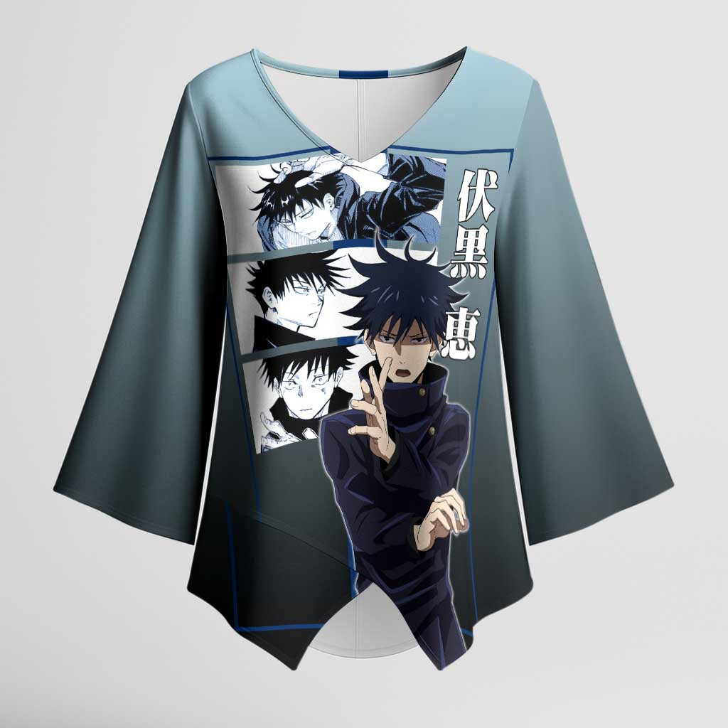 Megumi Fushiguro from Jujutsu Kaisen Kimono Sleeve Blouse with Dark Blue and Black Background and Multiple Poses Design - The Mazicc