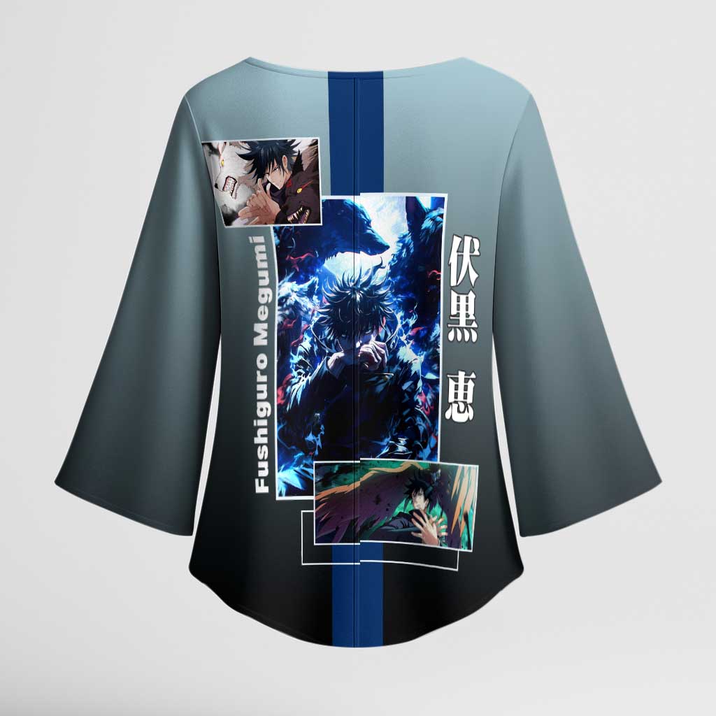 Megumi Fushiguro from Jujutsu Kaisen Kimono Sleeve Blouse with Dark Blue and Black Background and Multiple Poses Design - The Mazicc