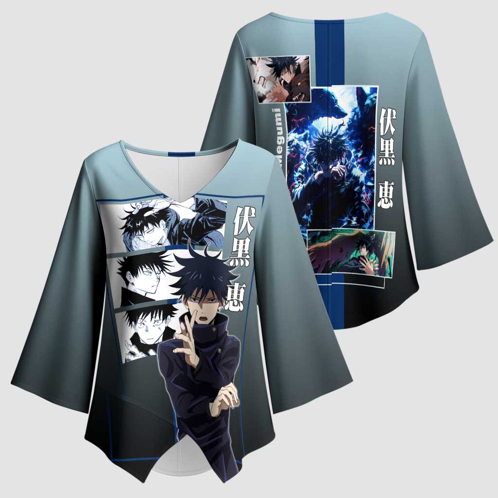 Megumi Fushiguro from Jujutsu Kaisen Kimono Sleeve Blouse with Dark Blue and Black Background and Multiple Poses Design - The Mazicc