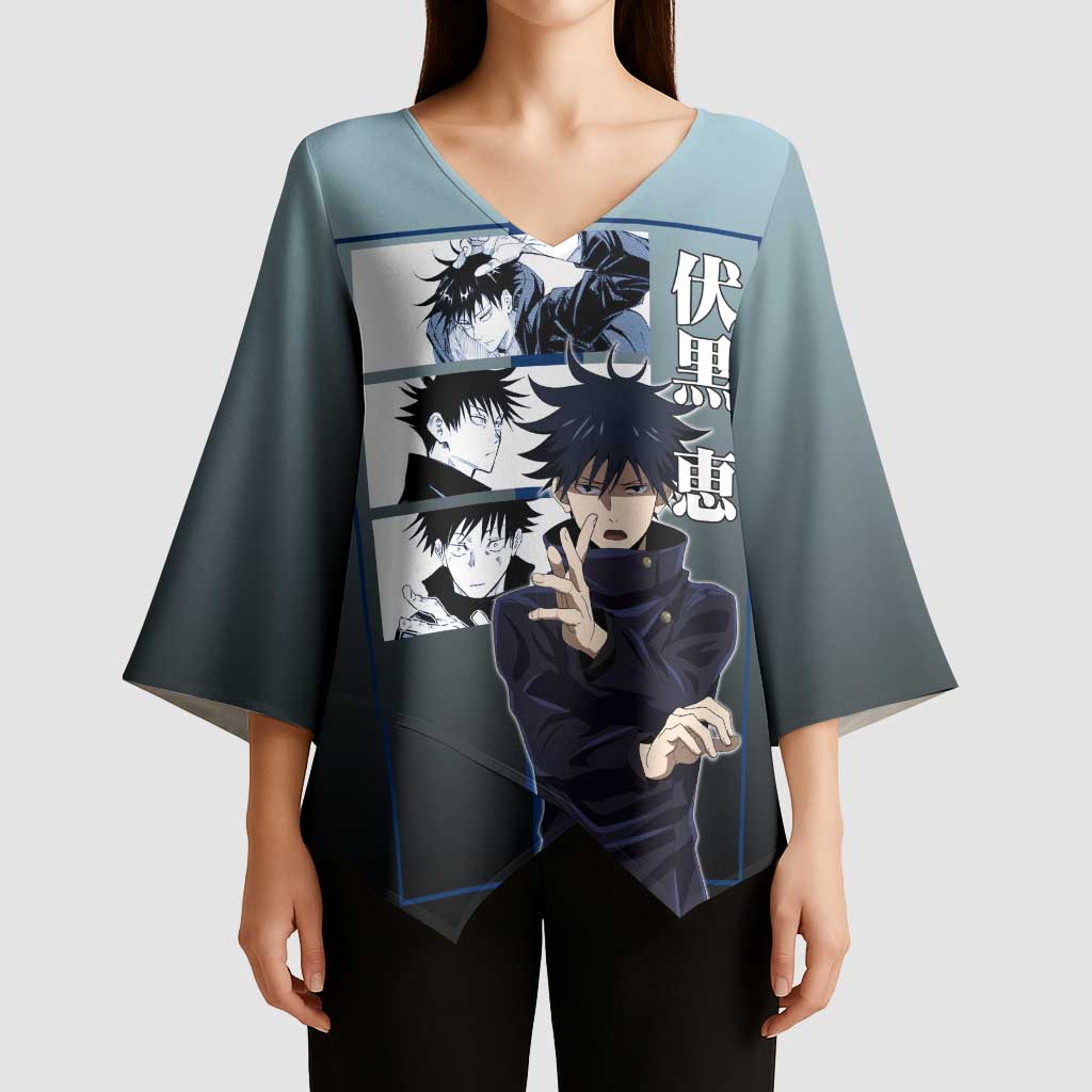 Megumi Fushiguro from Jujutsu Kaisen Kimono Sleeve Blouse with Dark Blue and Black Background and Multiple Poses Design - The Mazicc