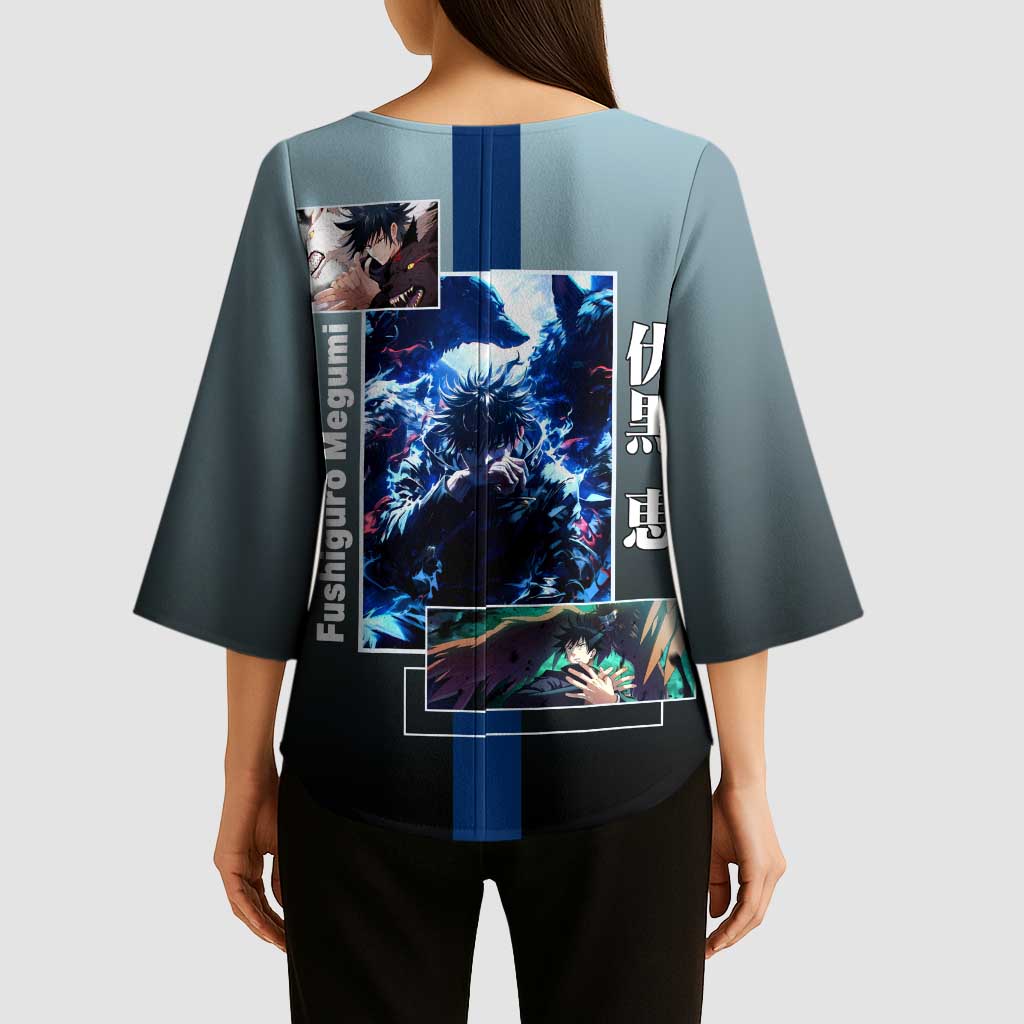 Megumi Fushiguro from Jujutsu Kaisen Kimono Sleeve Blouse with Dark Blue and Black Background and Multiple Poses Design - The Mazicc