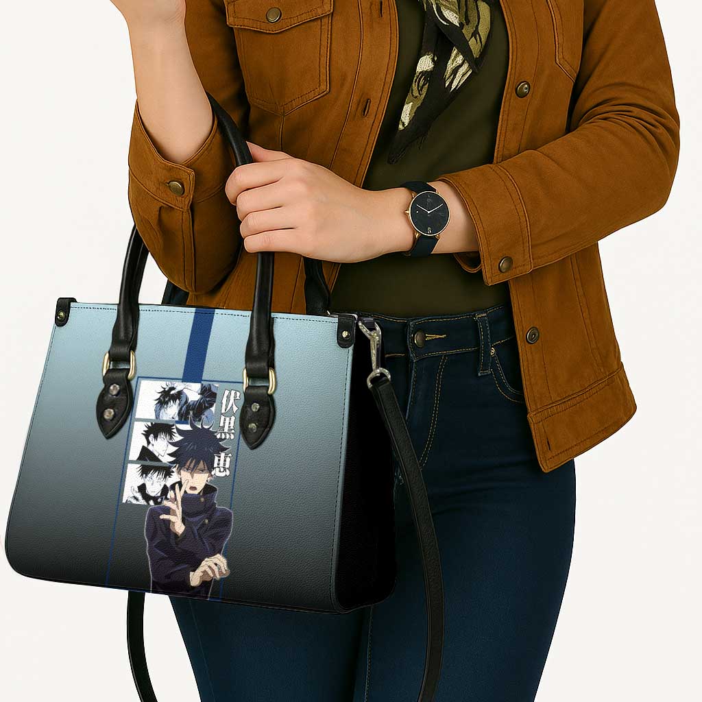 Megumi Fushiguro from Jujutsu Kaisen Leather Bag with Dark Blue and Black Background and Multiple Poses Design - The Mazicc
