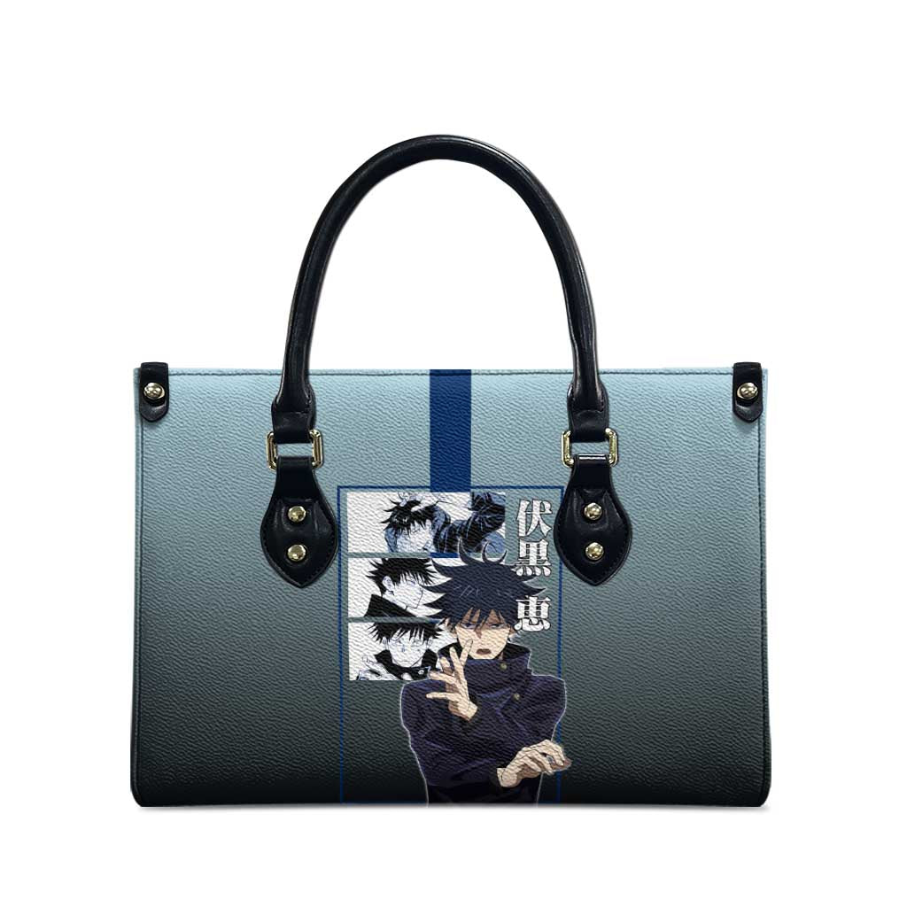 Megumi Fushiguro from Jujutsu Kaisen Leather Bag with Dark Blue and Black Background and Multiple Poses Design - The Mazicc