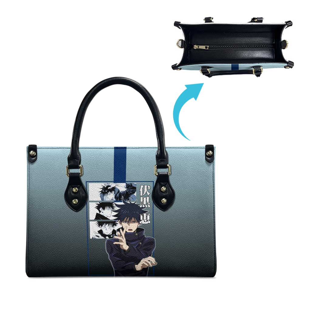 Megumi Fushiguro from Jujutsu Kaisen Leather Bag with Dark Blue and Black Background and Multiple Poses Design - The Mazicc