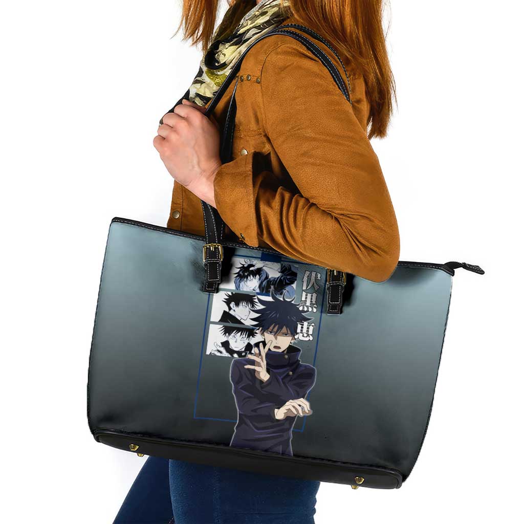 Megumi Fushiguro from Jujutsu Kaisen Leather Tote Bag with Dark Blue and Black Background and Multiple Poses Design - The Mazicc