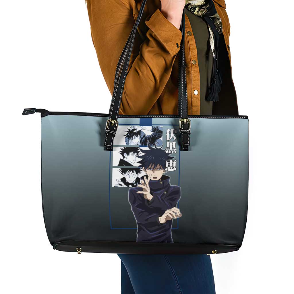 Megumi Fushiguro from Jujutsu Kaisen Leather Tote Bag with Dark Blue and Black Background and Multiple Poses Design - The Mazicc