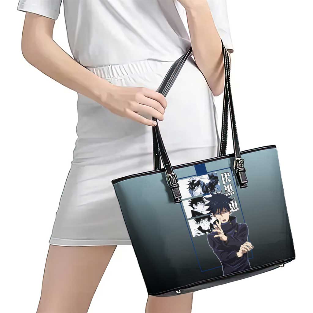 Megumi Fushiguro from Jujutsu Kaisen Leather Tote Bag with Dark Blue and Black Background and Multiple Poses Design - The Mazicc