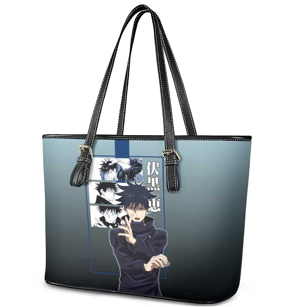 Megumi Fushiguro from Jujutsu Kaisen Leather Tote Bag with Dark Blue and Black Background and Multiple Poses Design - The Mazicc