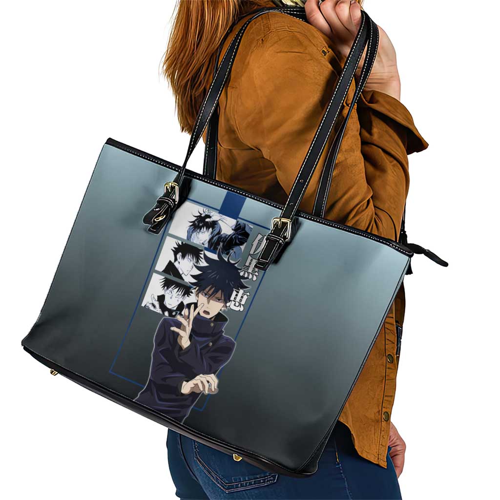 Megumi Fushiguro from Jujutsu Kaisen Leather Tote Bag with Dark Blue and Black Background and Multiple Poses Design - The Mazicc