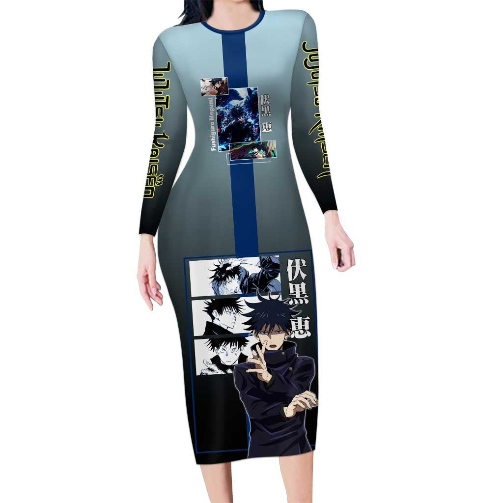 Megumi Fushiguro from Jujutsu Kaisen Long Sleeve Bodycon Dress with Dark Blue and Black Background and Multiple Poses Design - The Mazicc