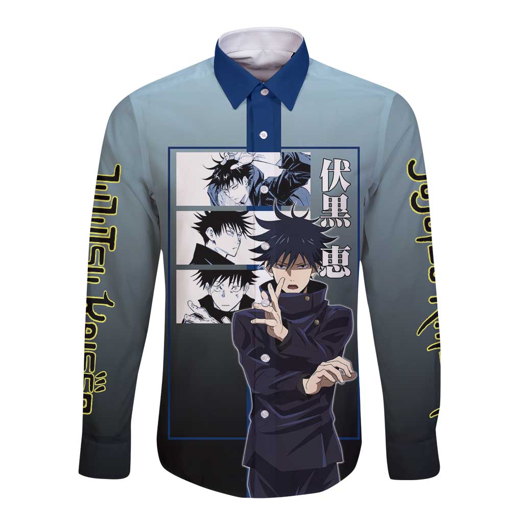 Megumi Fushiguro from Jujutsu Kaisen Long Sleeve Button Shirt with Dark Blue and Black Background and Multiple Poses Design - The Mazicc