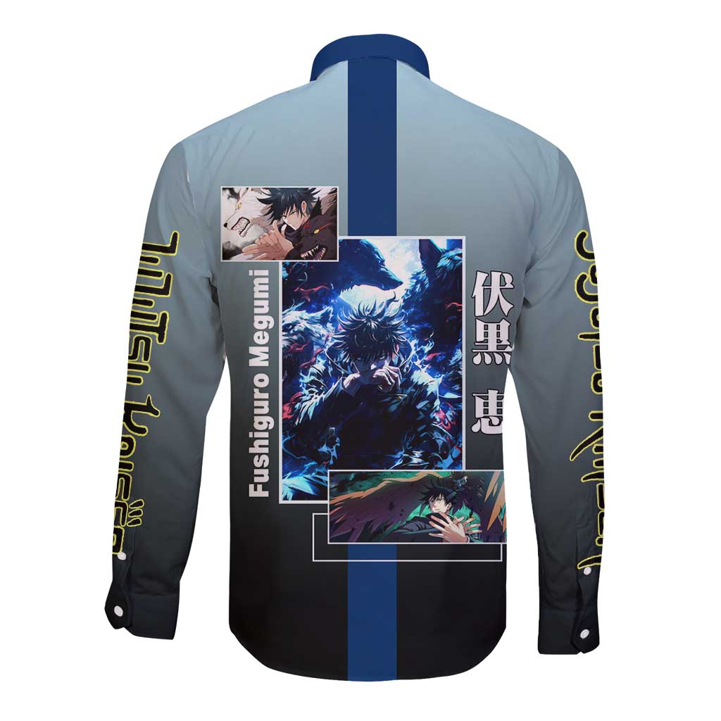 Megumi Fushiguro from Jujutsu Kaisen Long Sleeve Button Shirt with Dark Blue and Black Background and Multiple Poses Design - The Mazicc