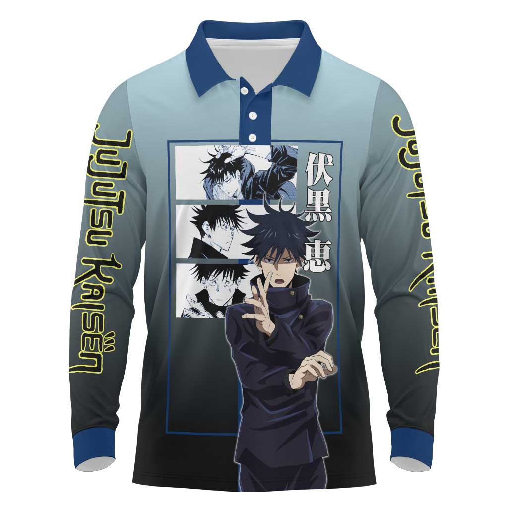 Megumi Fushiguro from Jujutsu Kaisen Long Sleeve Polo Shirt with Dark Blue and Black Background and Multiple Poses Design - The Mazicc