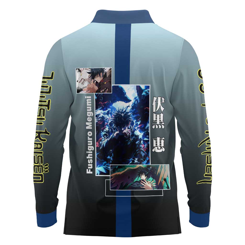 Megumi Fushiguro from Jujutsu Kaisen Long Sleeve Polo Shirt with Dark Blue and Black Background and Multiple Poses Design - The Mazicc