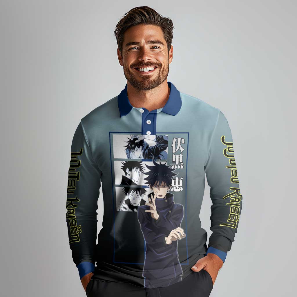 Megumi Fushiguro from Jujutsu Kaisen Long Sleeve Polo Shirt with Dark Blue and Black Background and Multiple Poses Design - The Mazicc