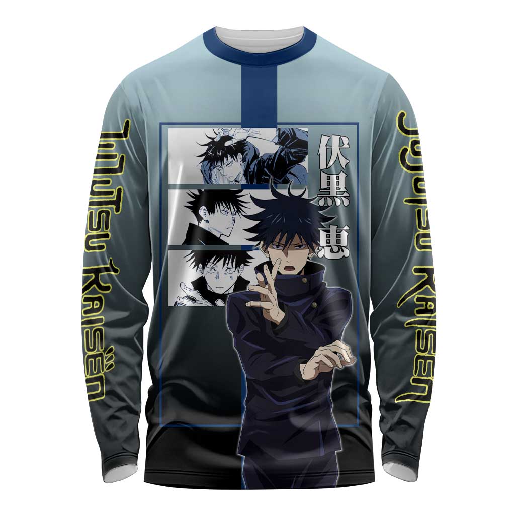 Megumi Fushiguro from Jujutsu Kaisen Long Sleeve Shirt with Dark Blue and Black Background and Multiple Poses Design - The Mazicc