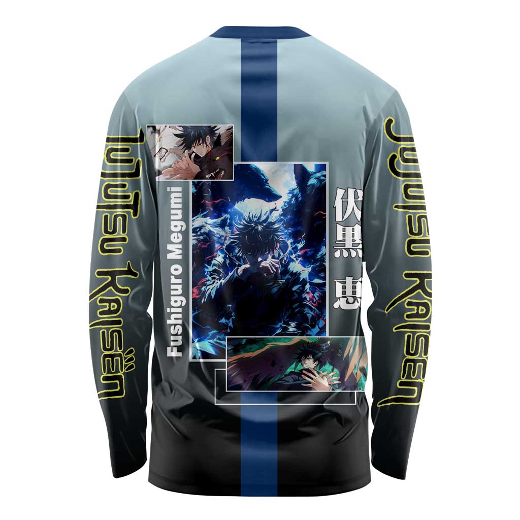 Megumi Fushiguro from Jujutsu Kaisen Long Sleeve Shirt with Dark Blue and Black Background and Multiple Poses Design - The Mazicc
