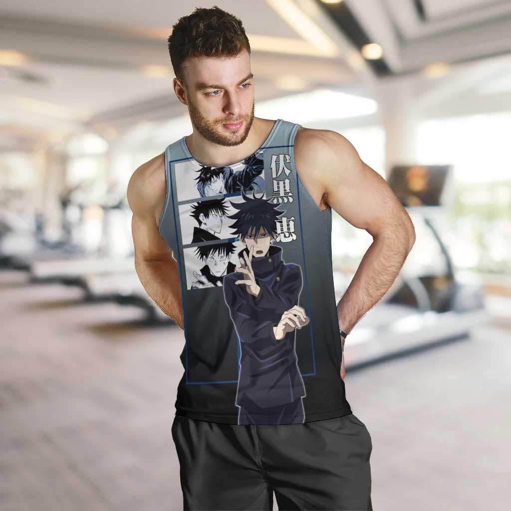 Megumi Fushiguro from Jujutsu Kaisen Men Tank Top with Dark Blue and Black Background and Multiple Poses Design - The Mazicc