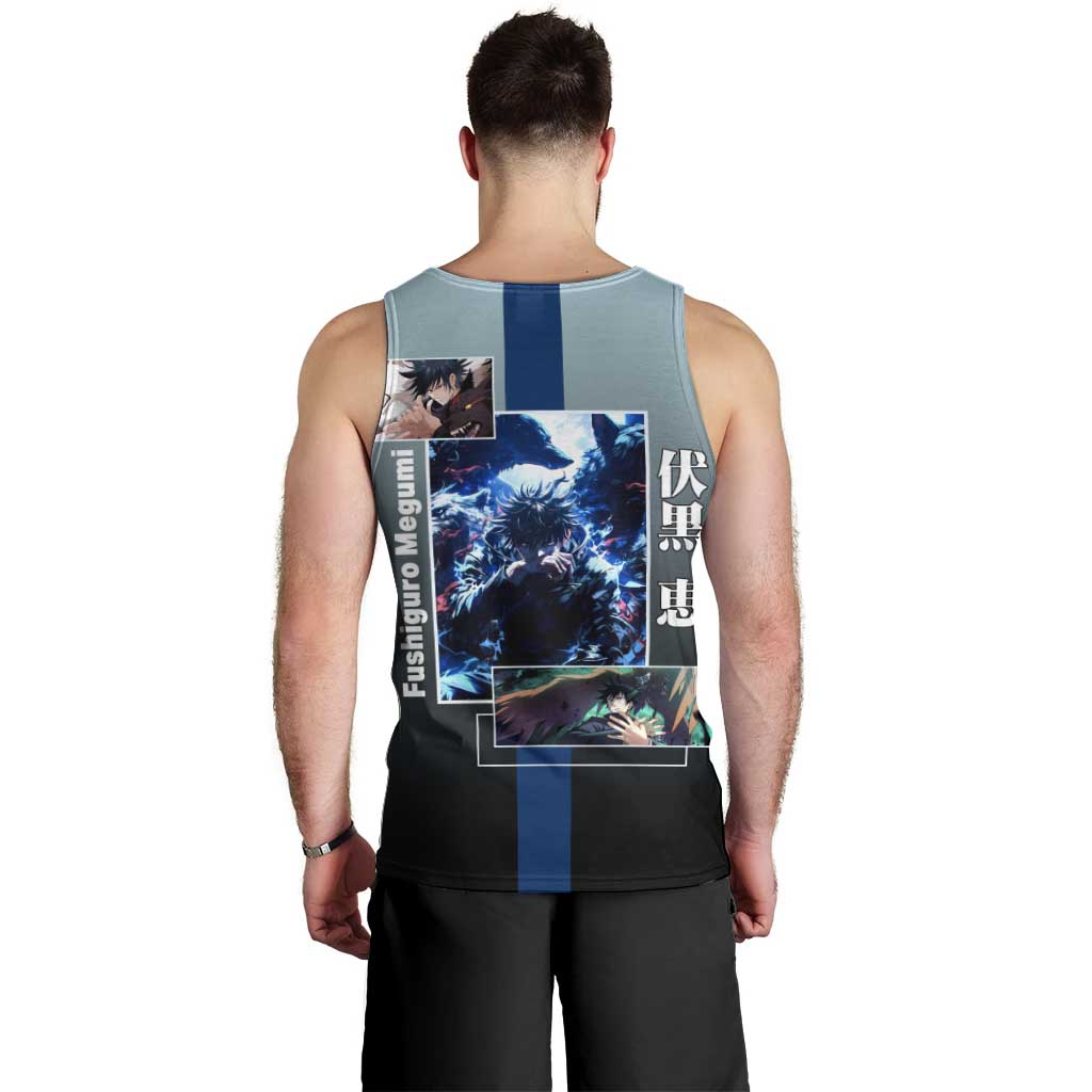 Megumi Fushiguro from Jujutsu Kaisen Men Tank Top with Dark Blue and Black Background and Multiple Poses Design - The Mazicc