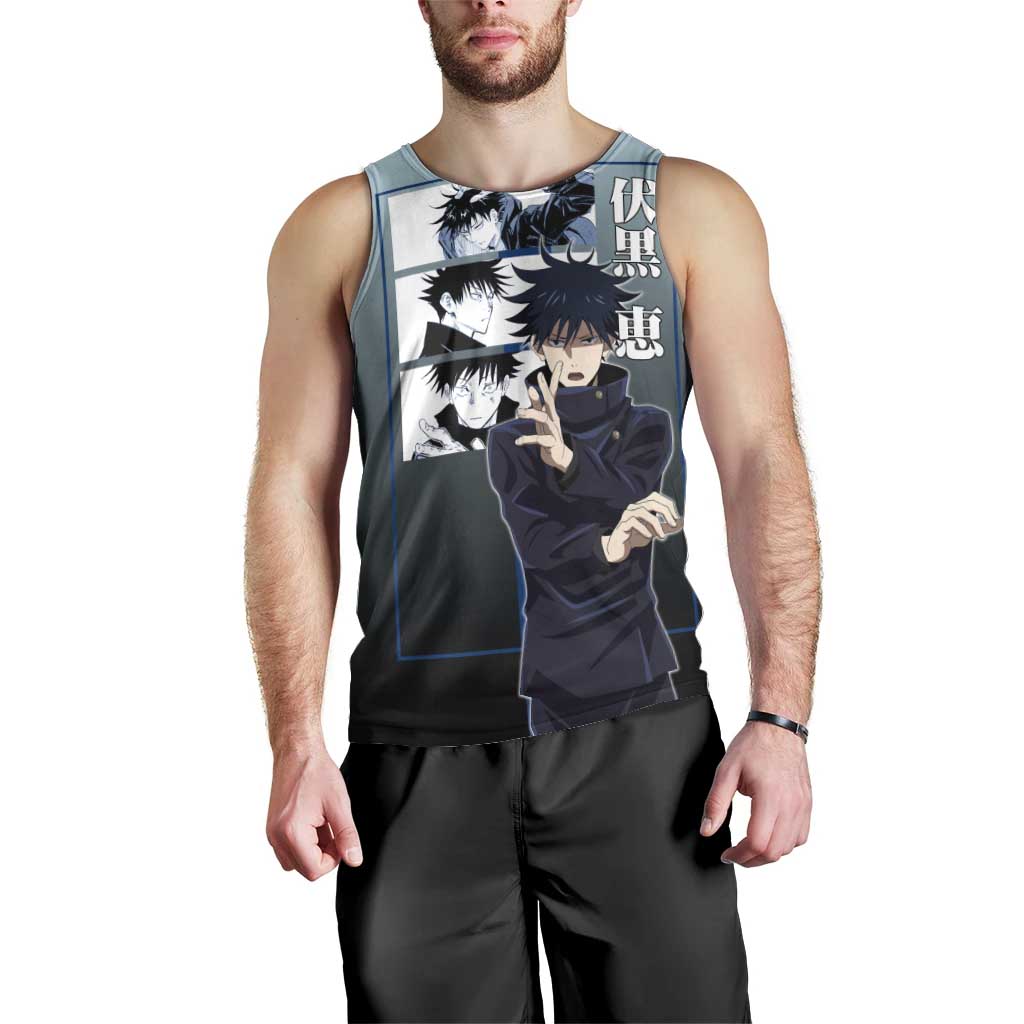 Megumi Fushiguro from Jujutsu Kaisen Men Tank Top with Dark Blue and Black Background and Multiple Poses Design - The Mazicc