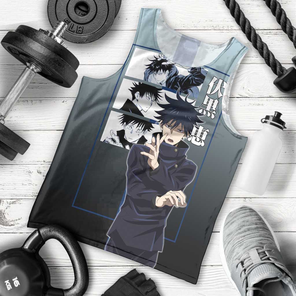 Megumi Fushiguro from Jujutsu Kaisen Men Tank Top with Dark Blue and Black Background and Multiple Poses Design - The Mazicc