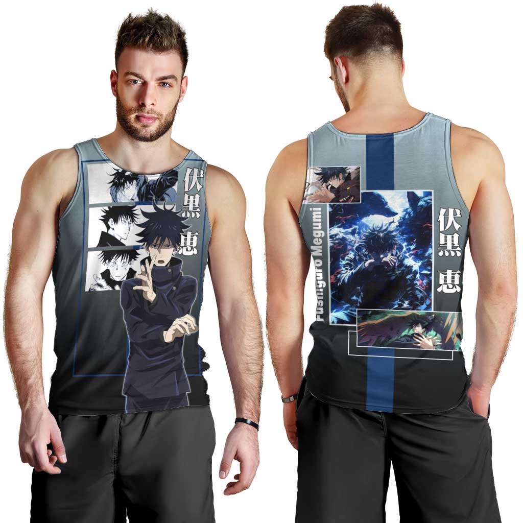Megumi Fushiguro from Jujutsu Kaisen Men Tank Top with Dark Blue and Black Background and Multiple Poses Design - The Mazicc