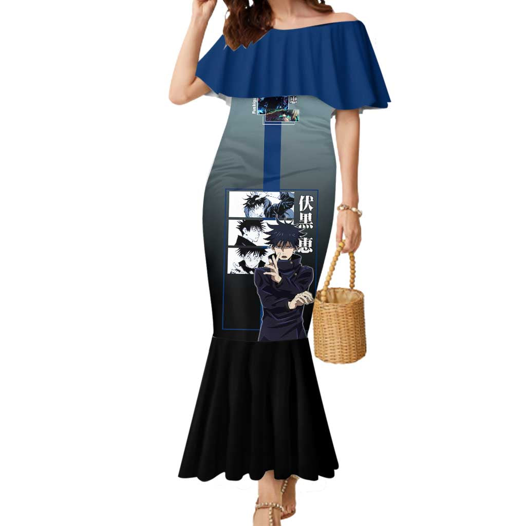 Megumi Fushiguro from Jujutsu Kaisen Mermaid Dress with Dark Blue and Black Background and Multiple Poses Design - The Mazicc