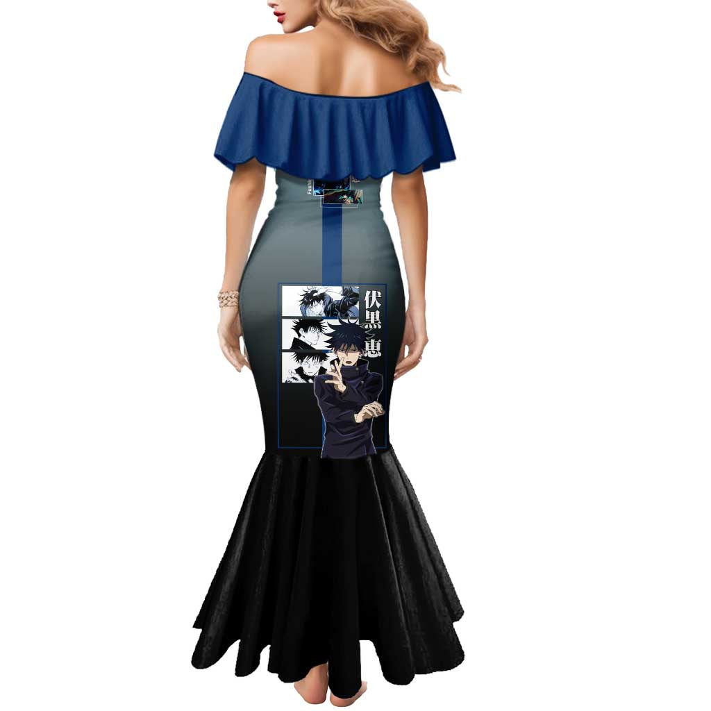 Megumi Fushiguro from Jujutsu Kaisen Mermaid Dress with Dark Blue and Black Background and Multiple Poses Design - The Mazicc