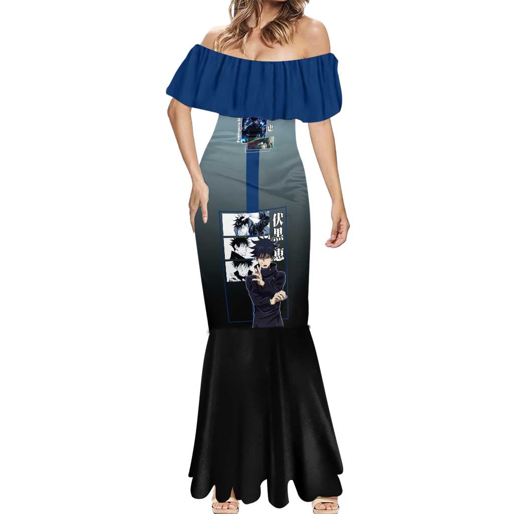 Megumi Fushiguro from Jujutsu Kaisen Mermaid Dress with Dark Blue and Black Background and Multiple Poses Design - The Mazicc