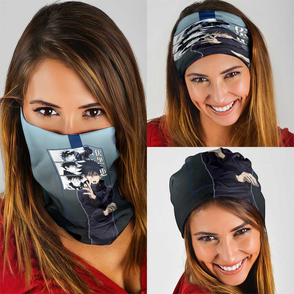 Megumi Fushiguro from Jujutsu Kaisen Neck Gaiter with Dark Blue and Black Background and Multiple Poses Design - The Mazicc
