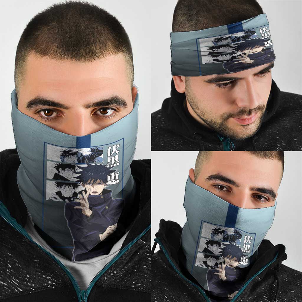 Megumi Fushiguro from Jujutsu Kaisen Neck Gaiter with Dark Blue and Black Background and Multiple Poses Design - The Mazicc