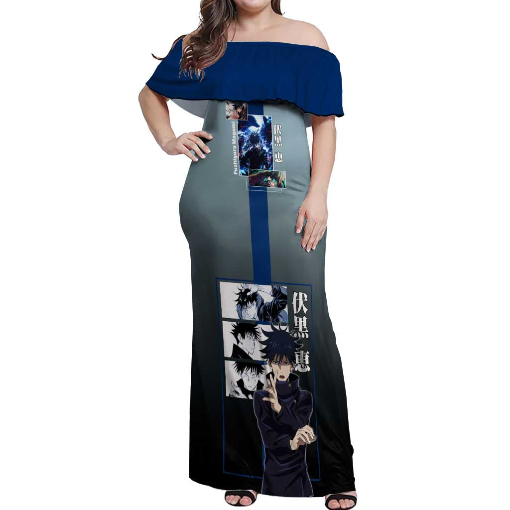 Megumi Fushiguro from Jujutsu Kaisen Off Shoulder Maxi Dress with Dark Blue and Black Background and Multiple Poses Design - The Mazicc