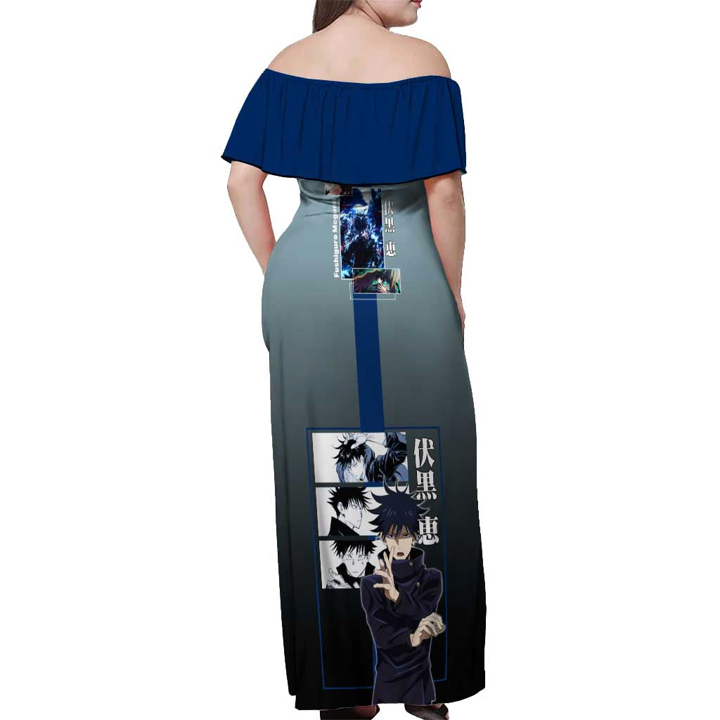 Megumi Fushiguro from Jujutsu Kaisen Off Shoulder Maxi Dress with Dark Blue and Black Background and Multiple Poses Design - The Mazicc
