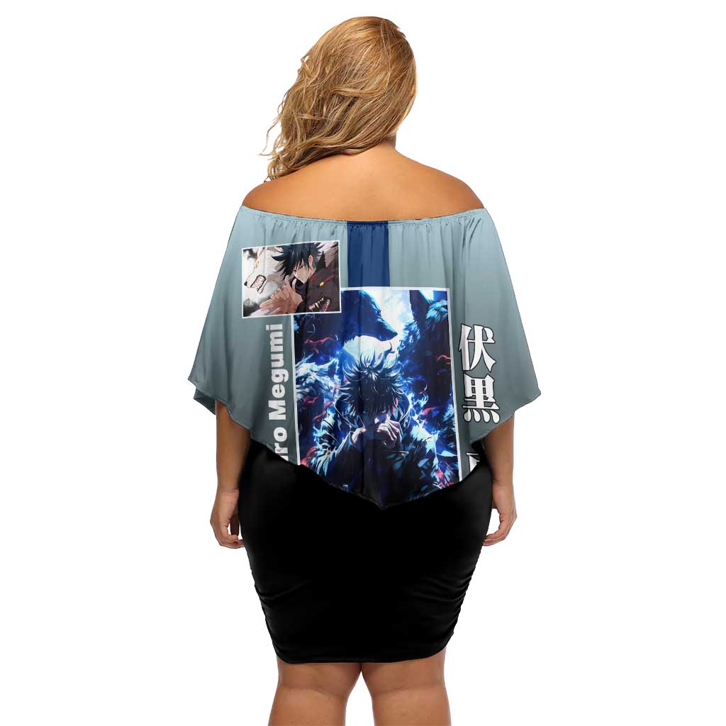 Megumi Fushiguro from Jujutsu Kaisen Off Shoulder Short Dress with Dark Blue and Black Background and Multiple Poses Design - The Mazicc
