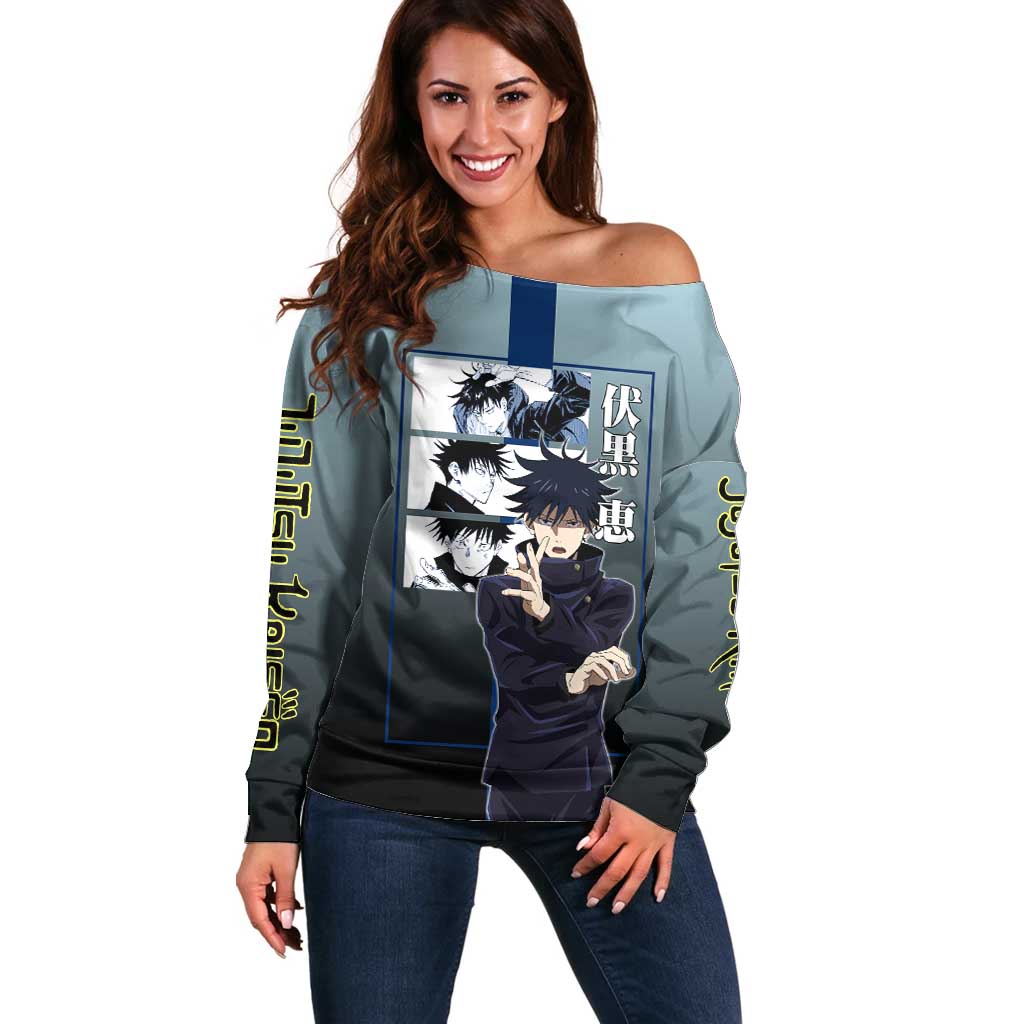 Megumi Fushiguro from Jujutsu Kaisen Off Shoulder Sweater with Dark Blue and Black Background and Multiple Poses Design - The Mazicc