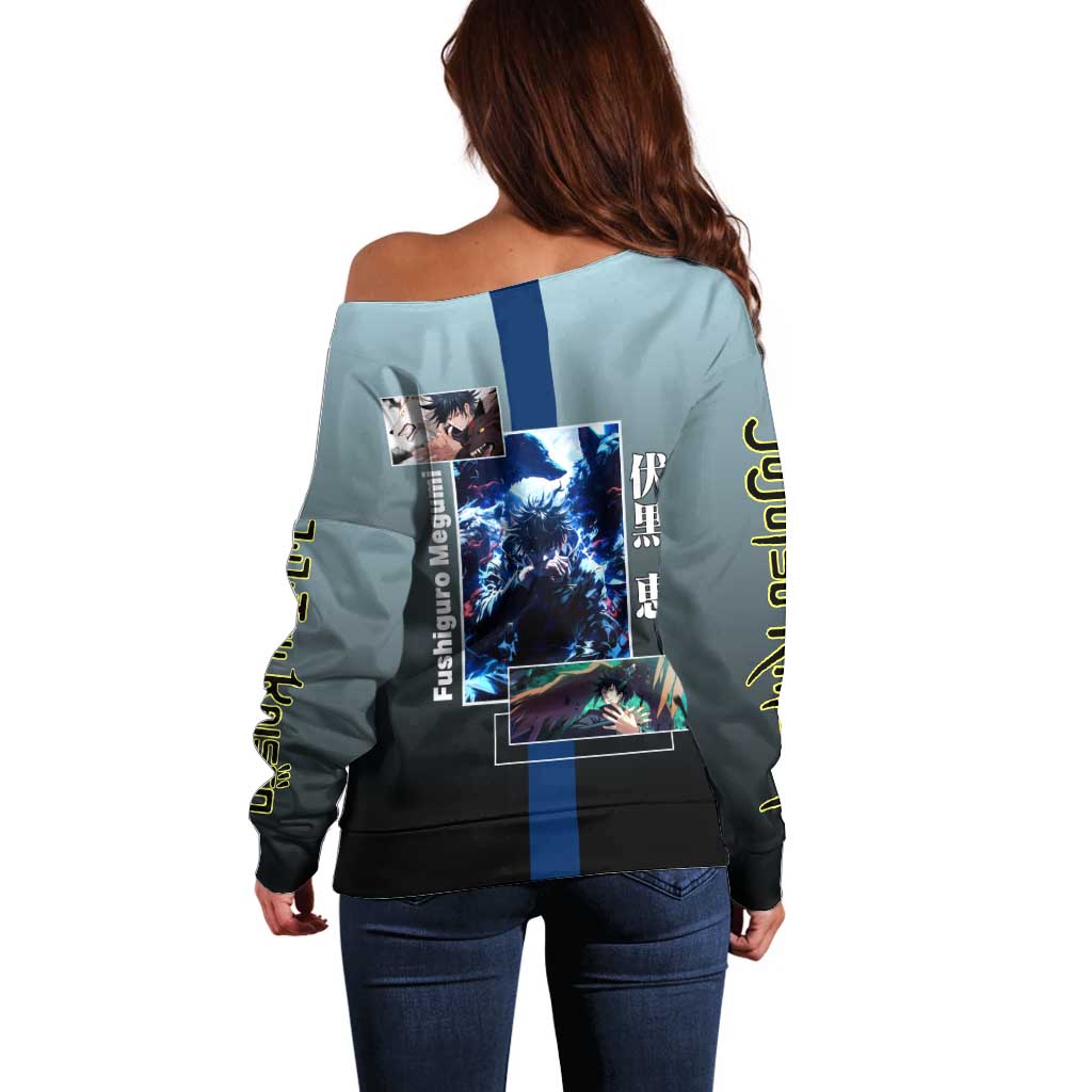 Megumi Fushiguro from Jujutsu Kaisen Off Shoulder Sweater with Dark Blue and Black Background and Multiple Poses Design - The Mazicc