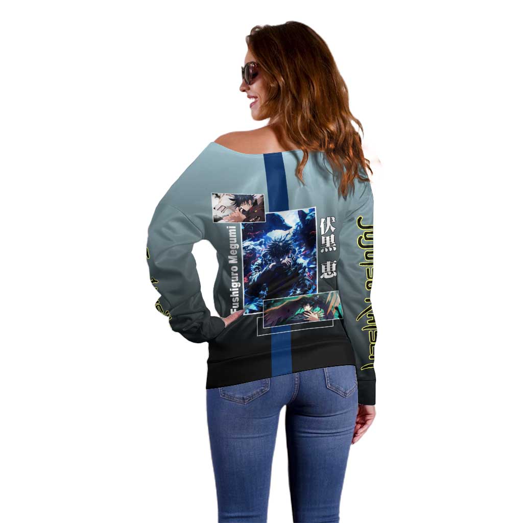 Megumi Fushiguro from Jujutsu Kaisen Off Shoulder Sweater with Dark Blue and Black Background and Multiple Poses Design - The Mazicc