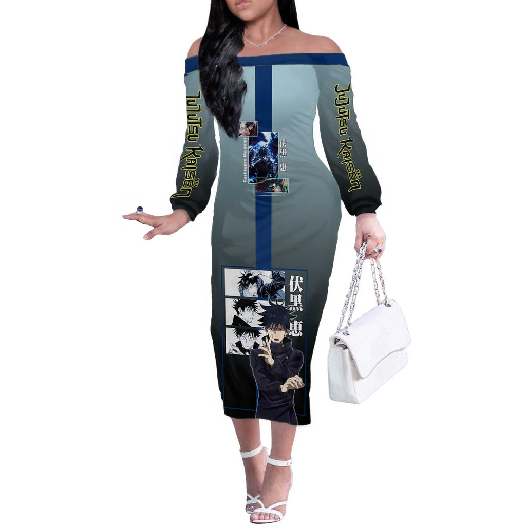 Megumi Fushiguro from Jujutsu Kaisen Off The Shoulder Long Sleeve Dress with Dark Blue and Black Background and Multiple Poses Design - The Mazicc