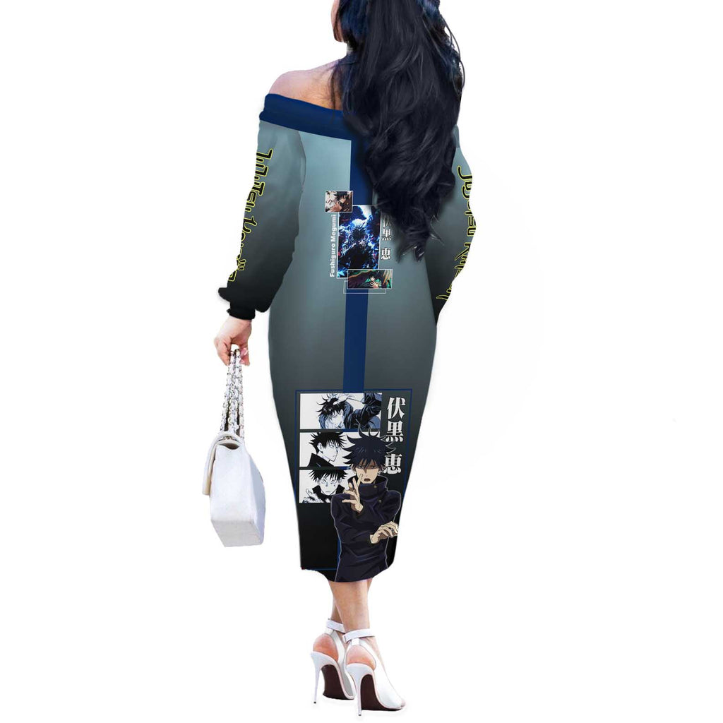 Megumi Fushiguro from Jujutsu Kaisen Off The Shoulder Long Sleeve Dress with Dark Blue and Black Background and Multiple Poses Design - The Mazicc