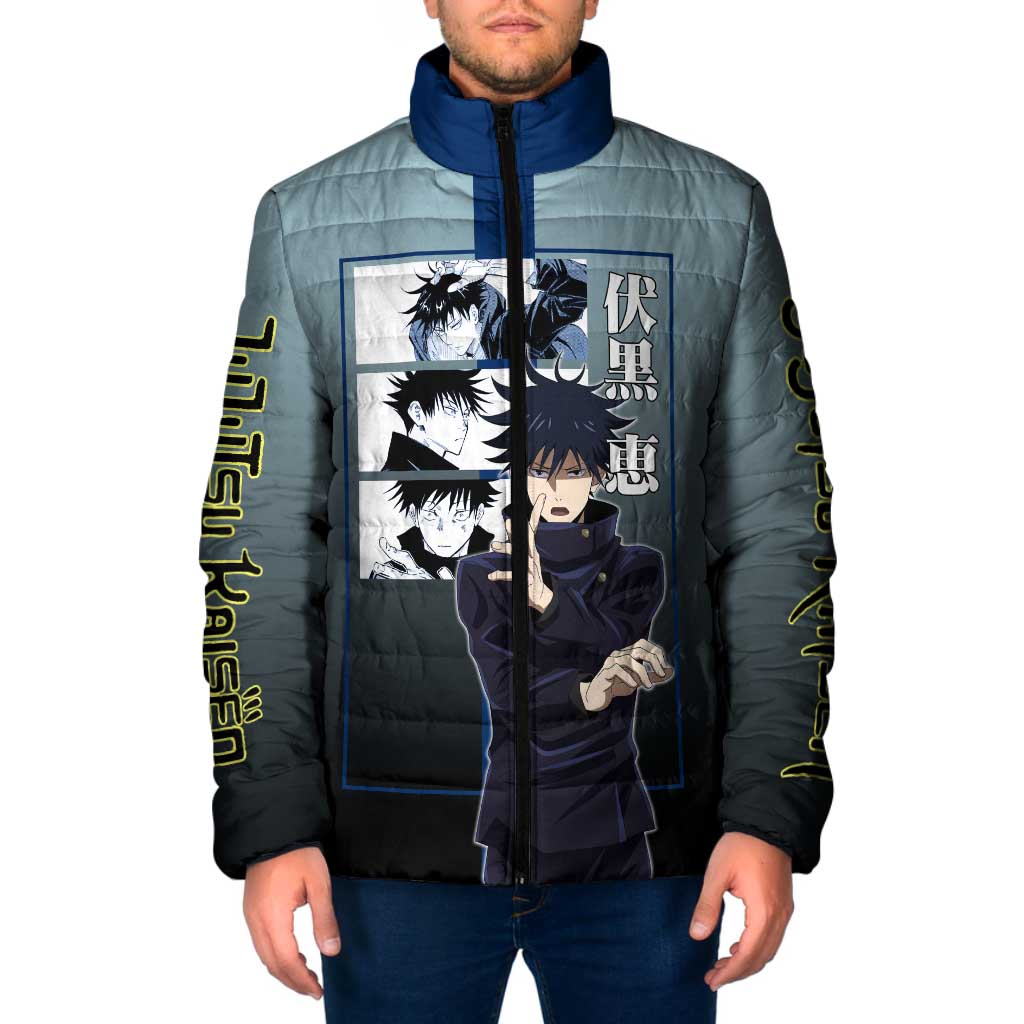 Megumi Fushiguro from Jujutsu Kaisen Padded Jacket with Dark Blue and Black Background and Multiple Poses Design - The Mazicc