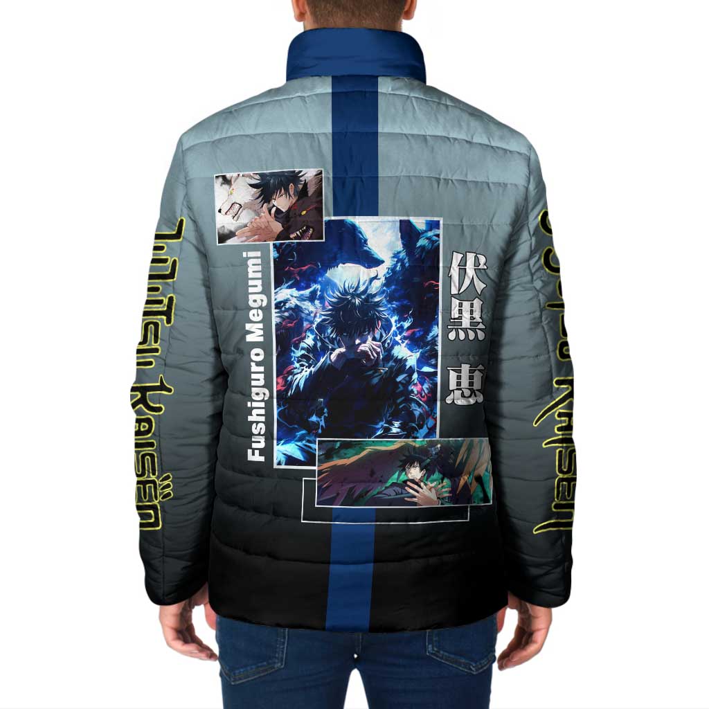 Megumi Fushiguro from Jujutsu Kaisen Padded Jacket with Dark Blue and Black Background and Multiple Poses Design - The Mazicc